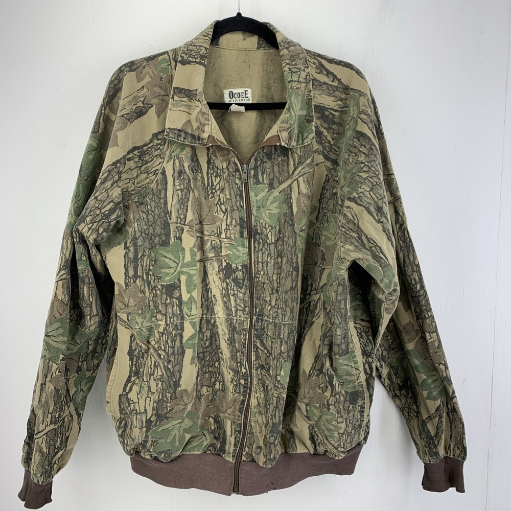 Vintage Ocoee Activewear Mens XL Camo Cotton Bomber Jacket Grunge Distressed USA